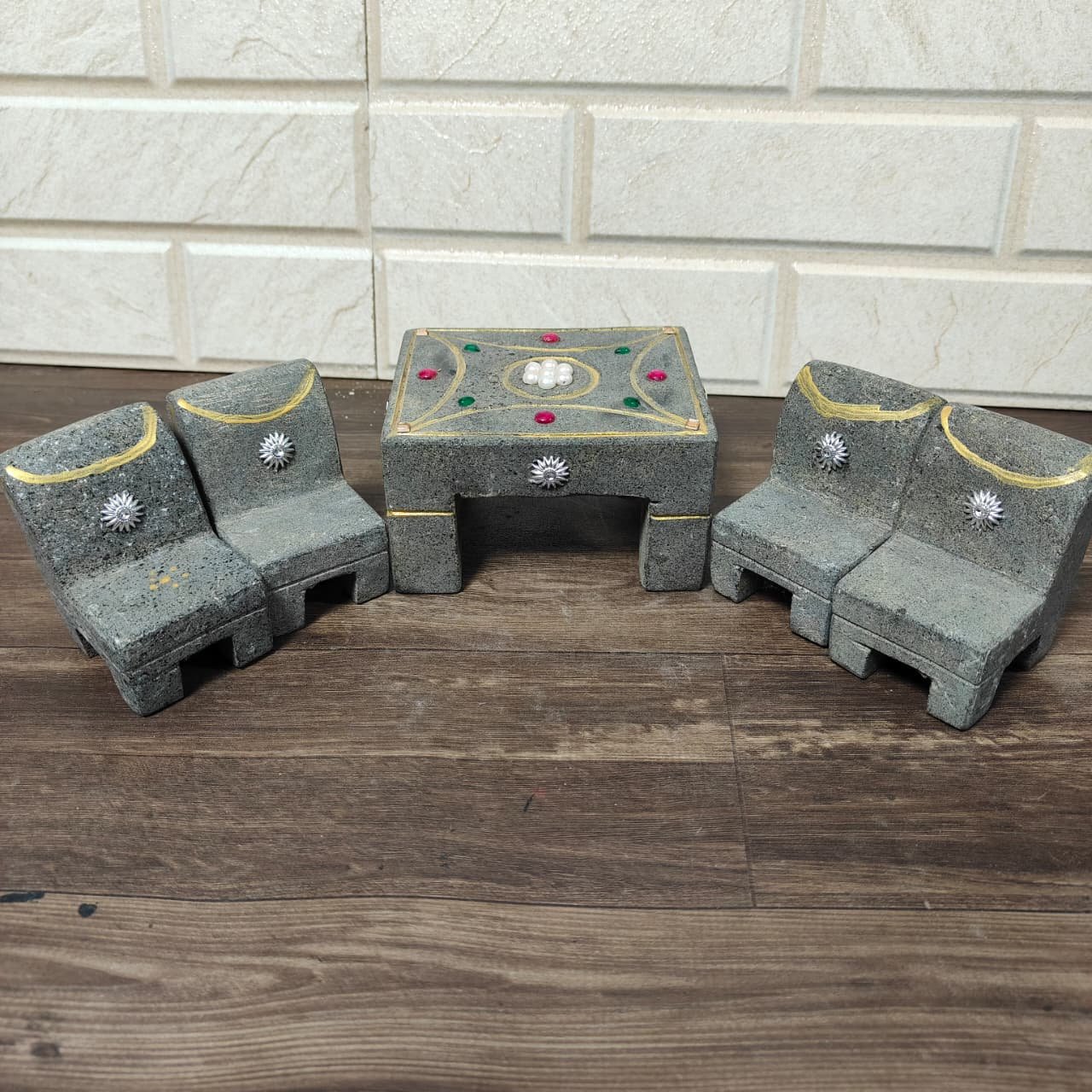 3 inch Black Basalt Stone Miniature Dining Play Set (4 Chairs + 1 Table) | Traditional Handcrafted Bhatukali Stone Set (L8 × W7 × H3 in)
