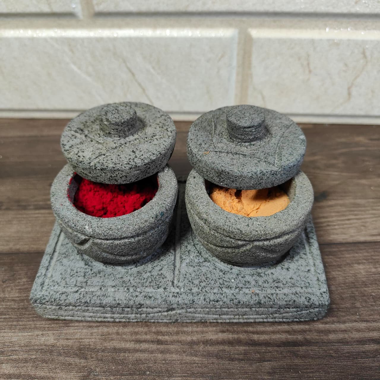 3 inch Black Basalt Stone Haldi Kumkum Set | Traditional Handcrafted Pooja Kumkum Holder (L5.5 × W3 × H3 in)