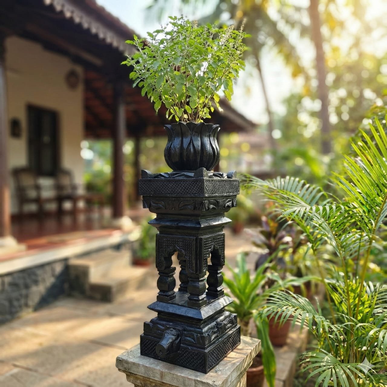 3 Feet Traditional Handcrafted Go-Mukh Black Basalt Stone Tulsi Vrundawan | Heavy Stone Tulsi Vrindavan | Painted Black Finish (L12 x W12 x H36 inch))