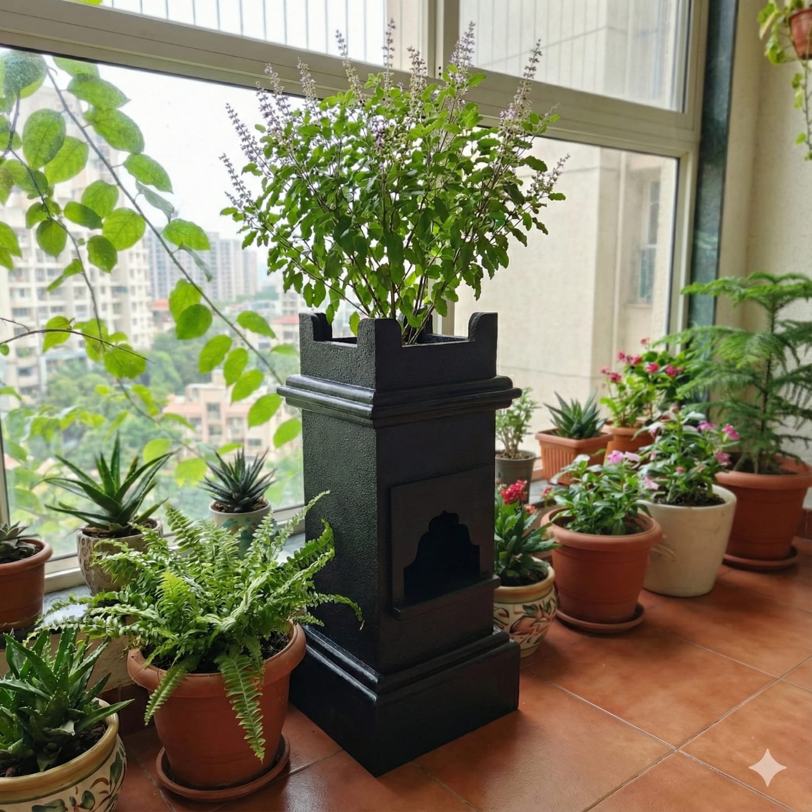 2 Feet Traditional Handcrafted Square Shape Black Basalt Stone Tulsi Vrundawan (Black Colour Painted) | Tulsi Vrindavan | Stone Tulsi Stand (L12 x W12 x H24)