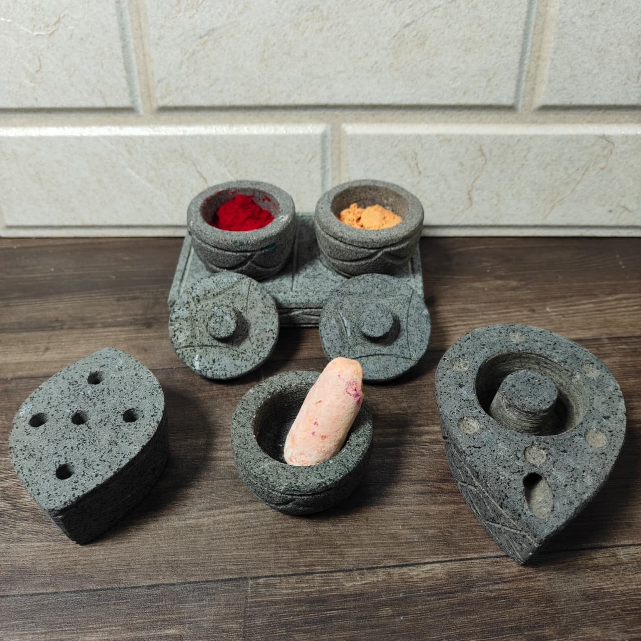 1.5 inch Black Basalt Stone Pooja Room Set – 5 Items | Traditional Handcrafted Pooja Essentials(L3 × W4 × H1.5 in)