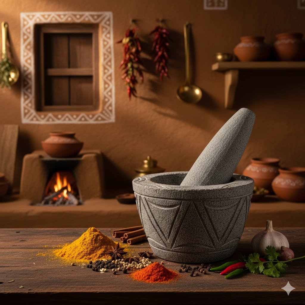6 Inch Traditional Handcrafted Black Basalt Stone Regular Shape Khalbatta | Okhli / Musal / Emam Dasta | Stone Mortar & Pestle | Masala Grinder (L6 × W6 × H4 in)