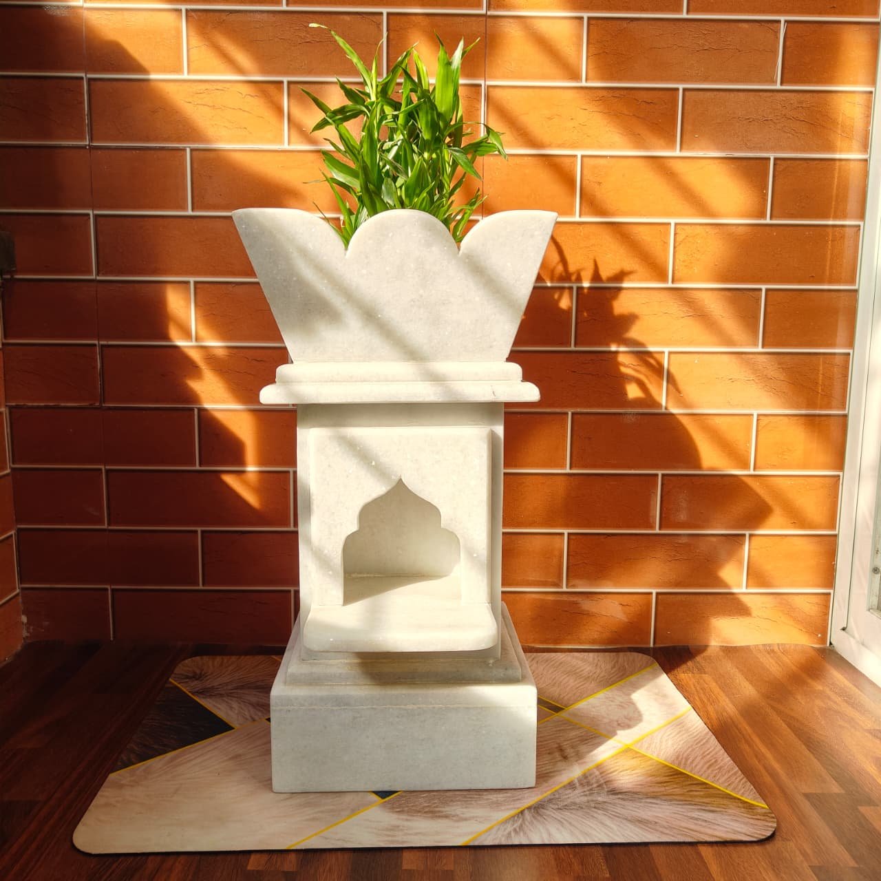 1.5 Feet Traditional Handcrafted White Marble Stone Tulsi Vrundawan | Tulsi Stand | Home Temple Tulsi Pot (L8.5 × W8.5 × H18 in)