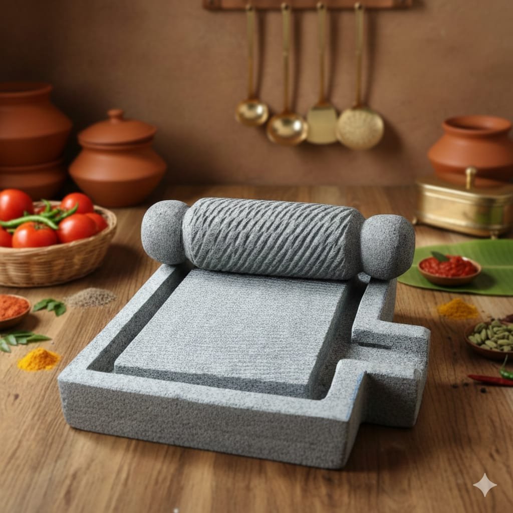 16 Inch Traditional Handcrafted Black Basalt Stone L-Shape Pata Varvanta | Sil Batta | Stone Masala Grinder | Mortar & Pestle (L16 × W12 × H3 in)