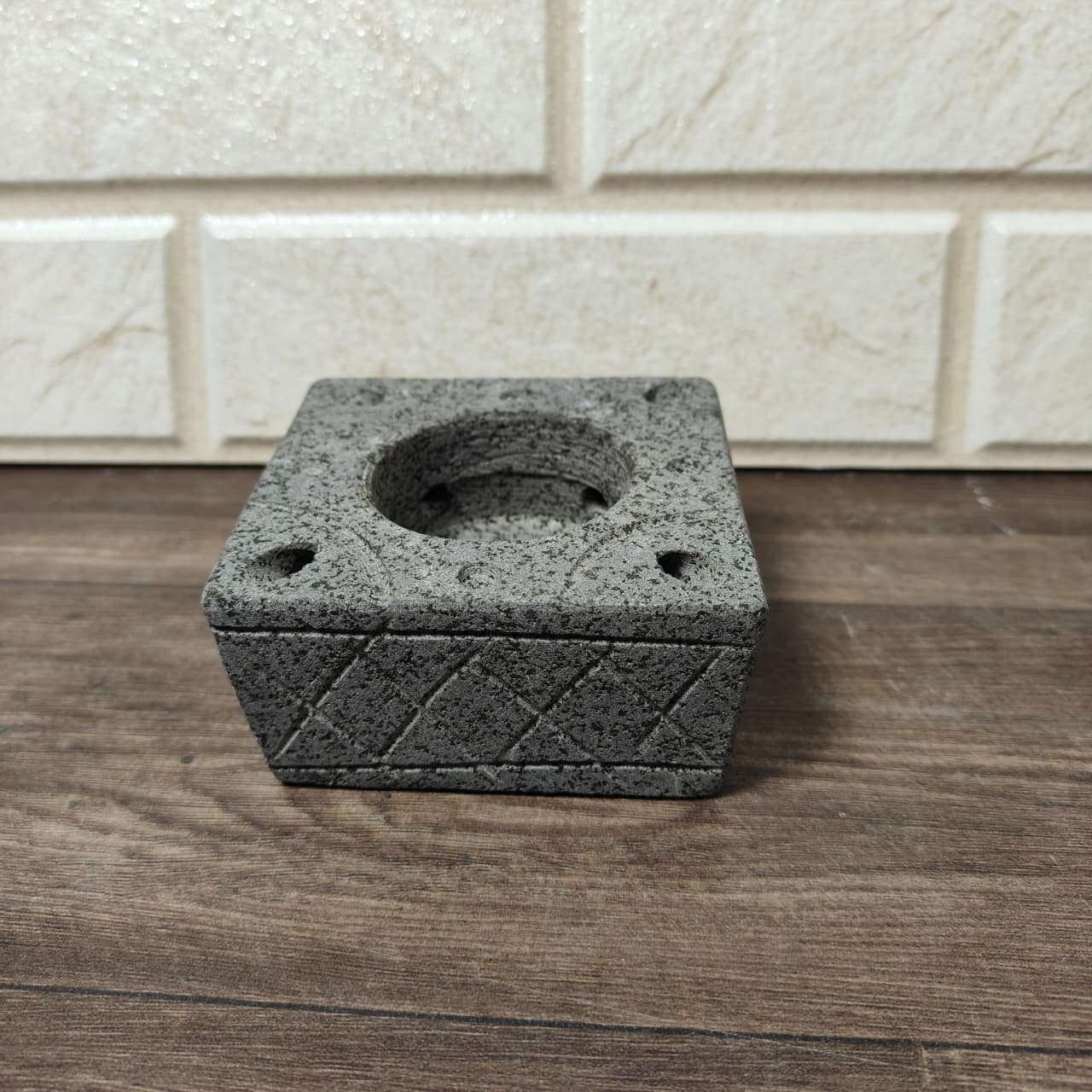 4 Corner Black Basalt Stone Diya | Traditional Stone Deepak | Handcrafted Pooja Diya (L4 × W4 × H2 in)