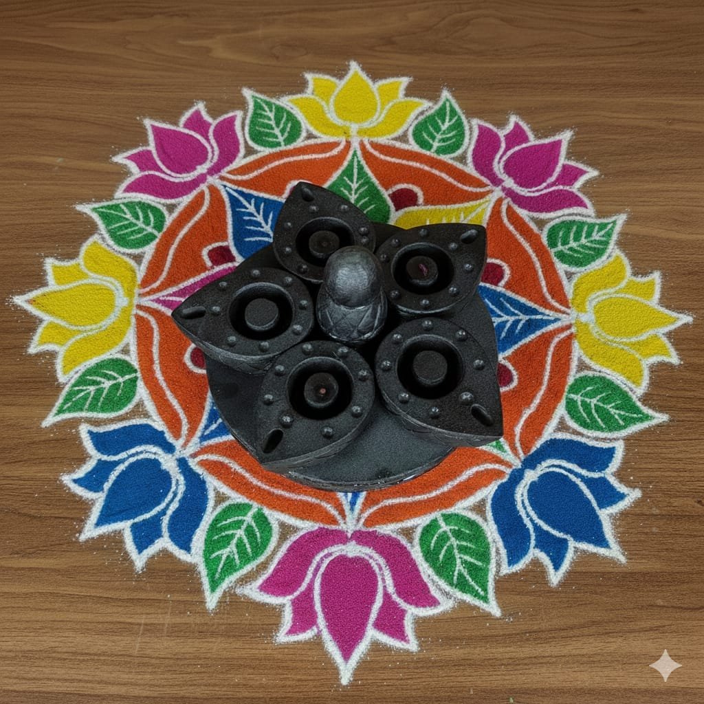 8 inch Traditional Handcrafted Black Basalt Stone 5 Diya Deepmal | Stone Diya Stand for Pooja & Temple (L10 × W10 × H8 inch)