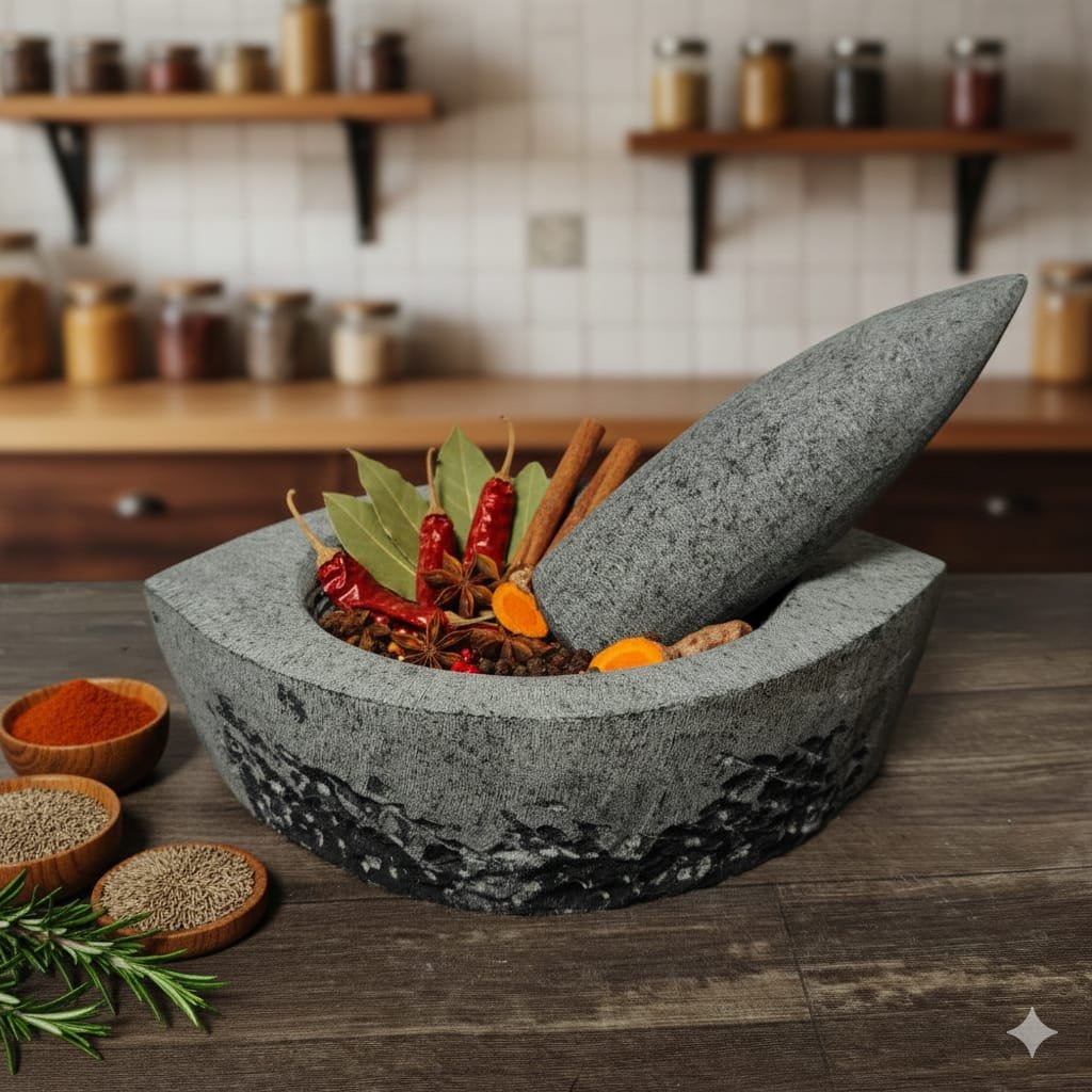10 Inch Traditional Handcrafted Black Basalt Stone Boat Shape Khalbatta (Raw Polish) | Hodi Shape Okhli / Musal / Emam Dasta | Stone Mortar & Pestle | Masala Grinder (L10 × W7 × H3.25 in)