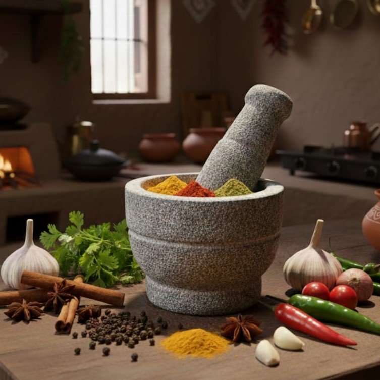 6 Inch Traditional Handcrafted Black Basalt Stone Round Shape Khalbatta | Okhli / Musal / Emam Dasta | Stone Mortar & Pestle | Masala Grinder ( (L6 × W6 × H5 in))